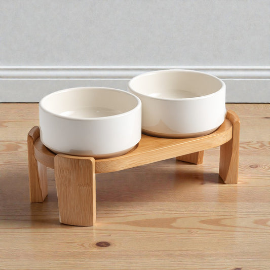 Kalivo Elevated Ceramic Pet Bowls with Bamboo Stand - Double Set